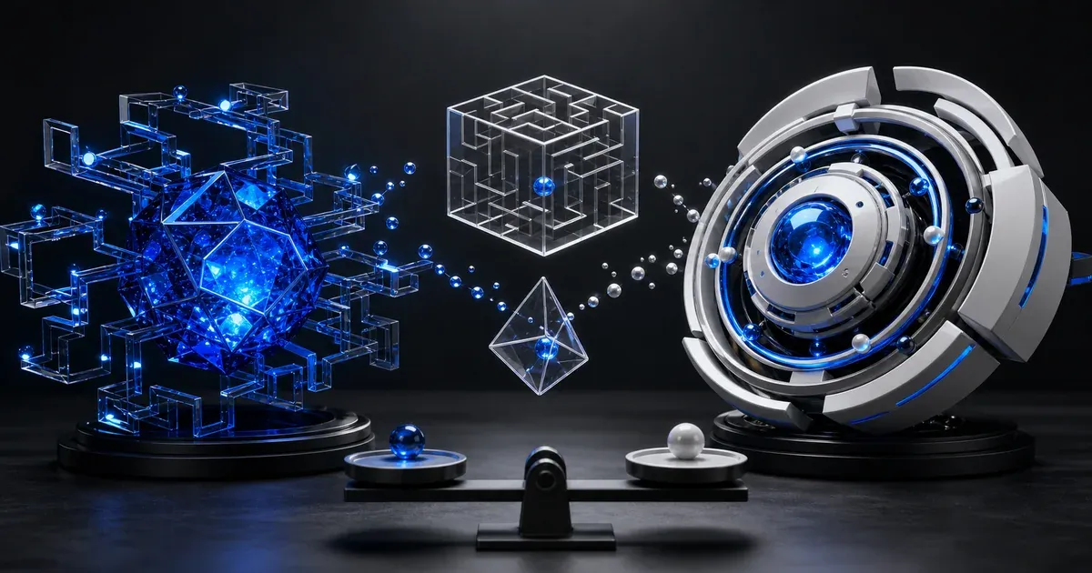 DeepSeek R1과 OpenAI o3를 상징하는 두 추론 엔진이 같은 미로 문제를 푸는 3D 일러스트