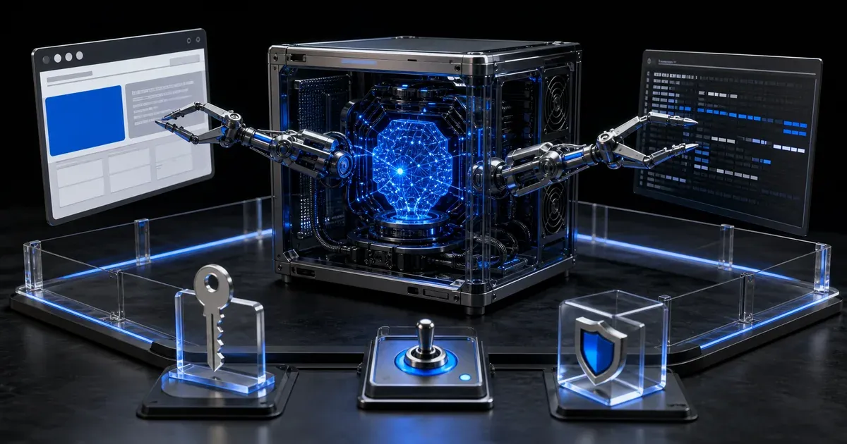 로컬 AI 에이전트가 권한 샌드박스와 사람 승인 아래 브라우저와 터미널을 제어하는 3D 일러스트